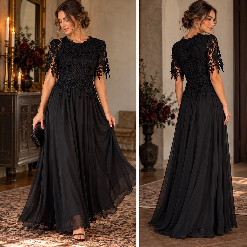 Ann Hobbs for Cattiva Black Lace Maxi Dress Vintage Gothic Romantic 58"